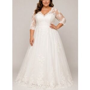 RYANTH Women's White Lace A-Line V-Neck 3/4 Sleeve Wedding Gown Plus Size 16 NWT